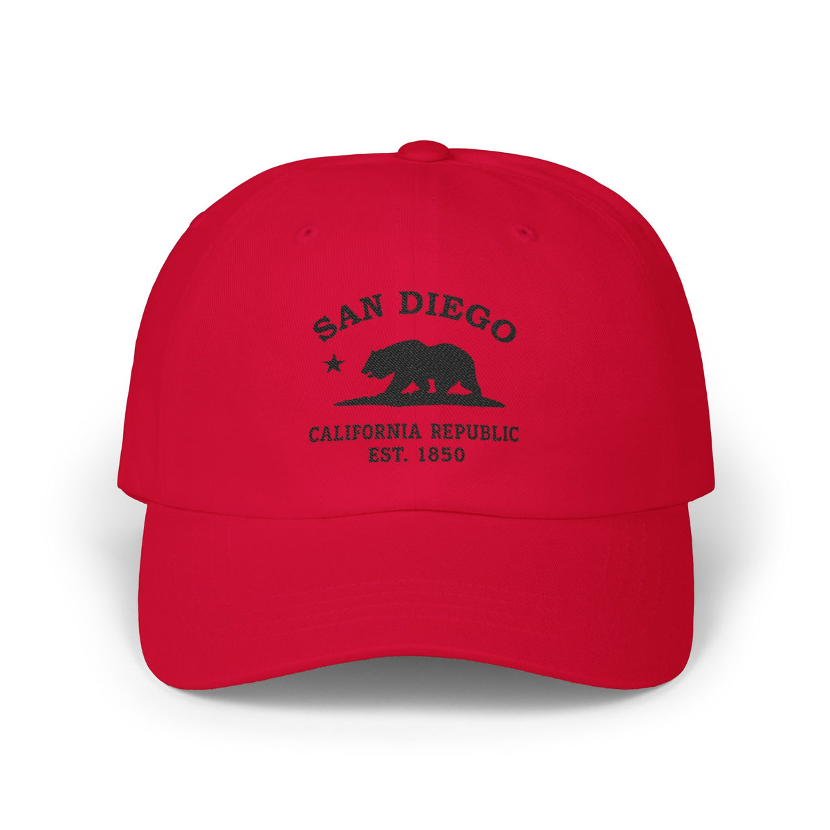 San Diego California Classic Embroidered Vintage Style Cotton Cap - Black Retro Bear Logo, Cranberry