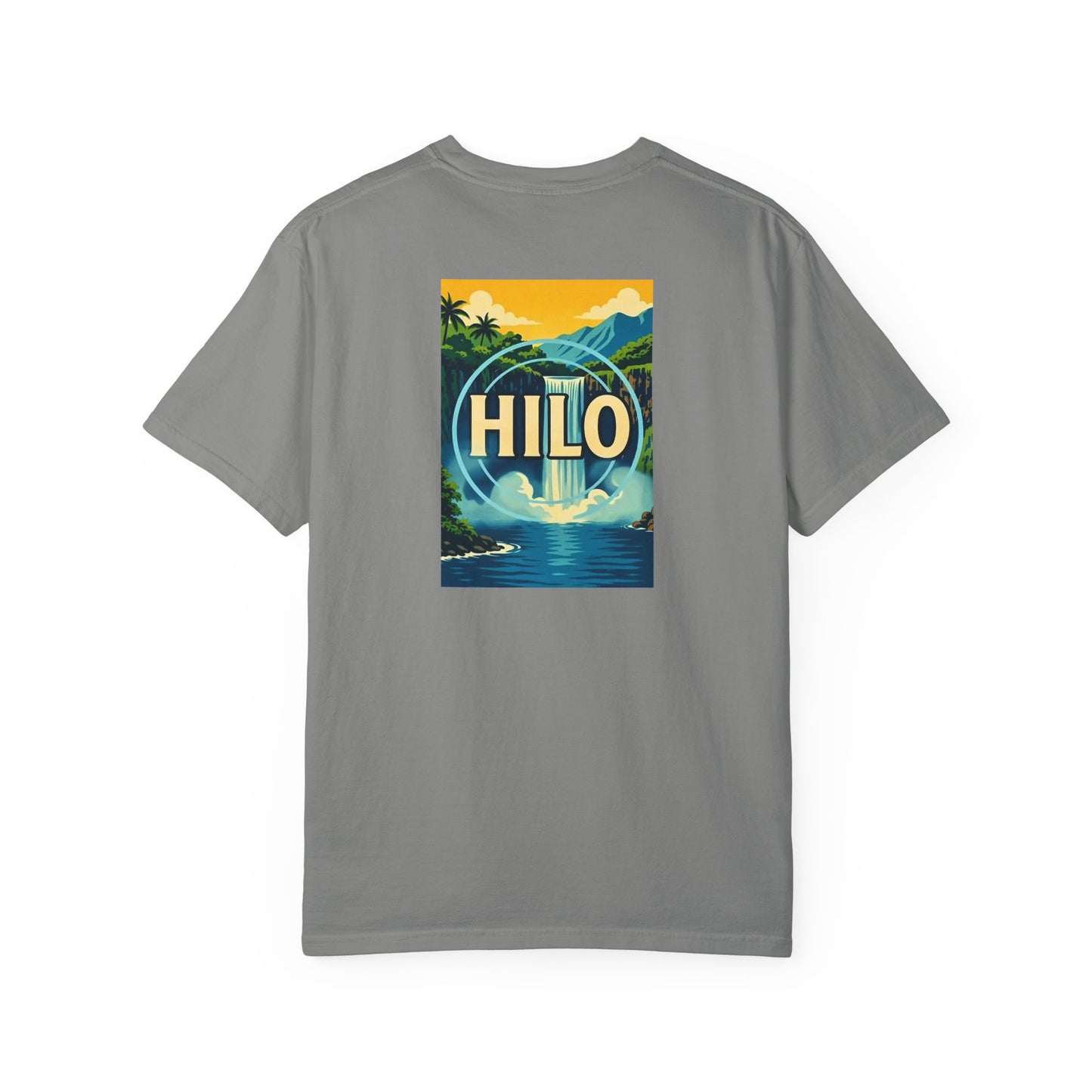 Hilo Hawaii Vintage Style Back Printed Art Series Cotton Tee - Black Retro Hibiscus Logo - Rear Art View 13