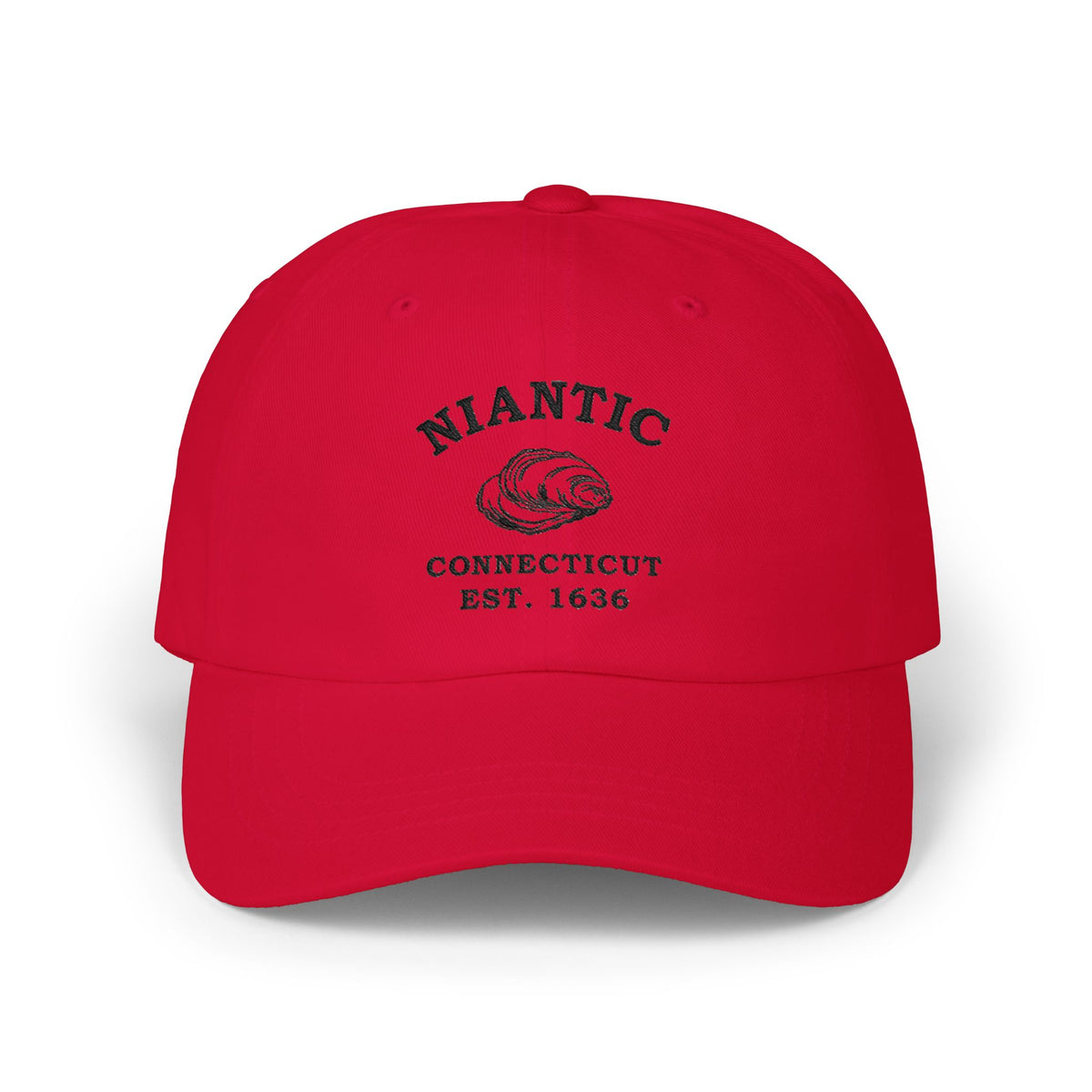 Niantic Connecticut Vintage Retro Embroidered Cotton Cap, Cranberry, Black Logo, Merlin Classics