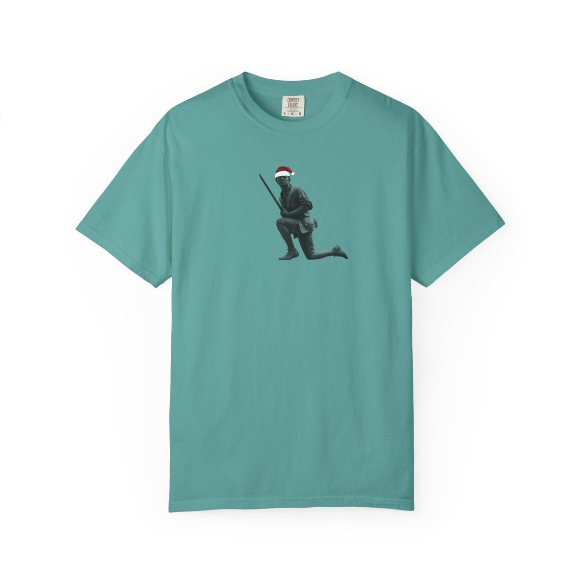 Seafoam green minimalist minuteman tee — one small kneeling minuteman print, a veterans day gift and patriotic Christmas gift in one