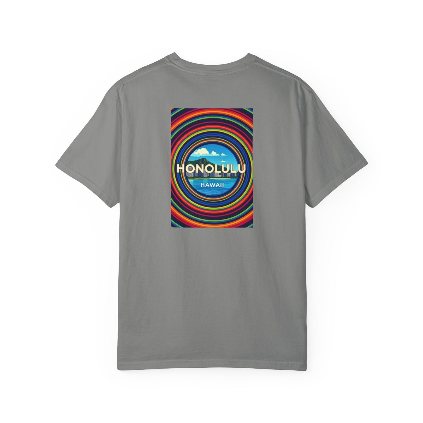 Honolulu Hawaii Vintage Style Back Printed Art Series Cotton Tee - Black Retro Hibiscus Logo - Rear Art View 13