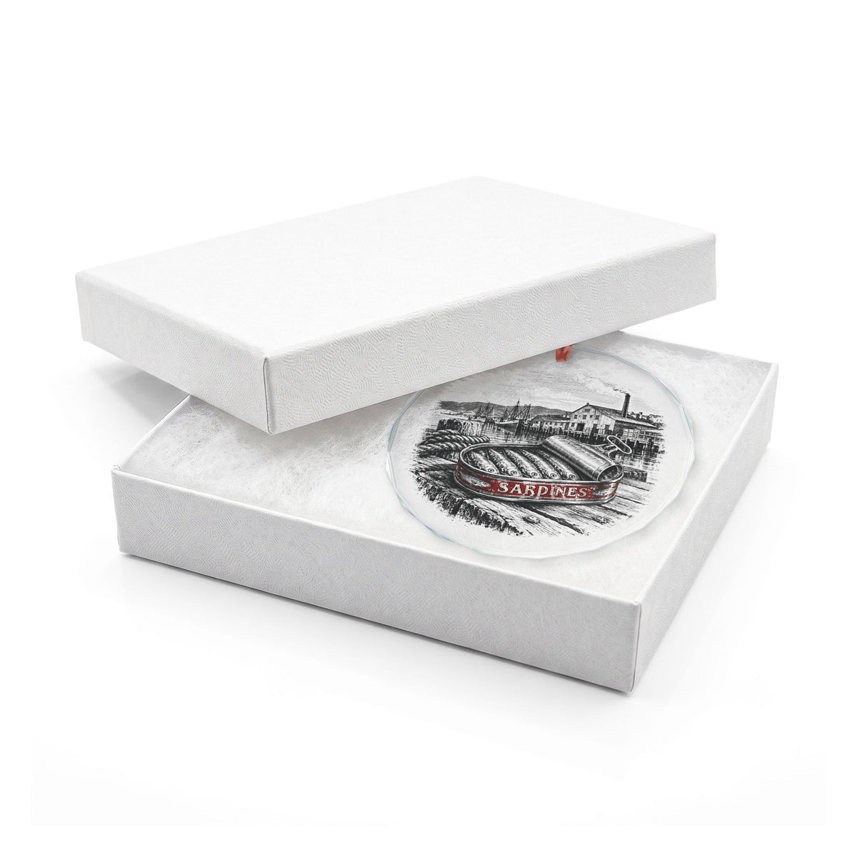Monterey California Holiday Ornament, Cannery Sardine Tin, Crystal Glass Ornament in White Gift Box