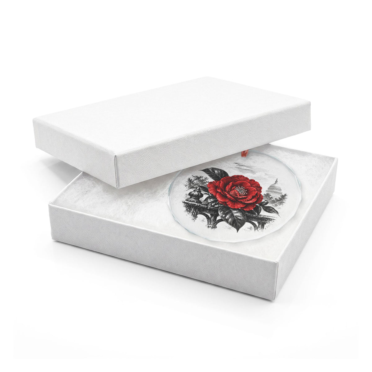 Sacramento California Holiday Ornament, Camellia, Crystal Glass Ornament in White Gift Box