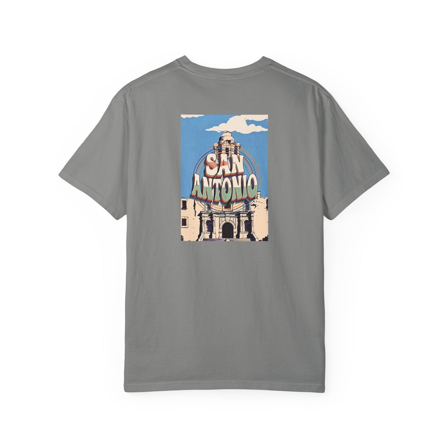 San Antonio Texas Vintage Style Back Printed Art Series Cotton Tee - Black Retro Longhorn Logo - Rear Art View 13
