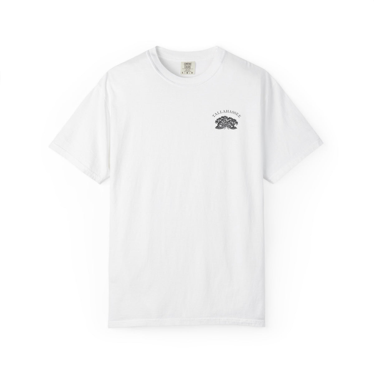 Tallahassee Florida canopy road tee in White — back print, live oaks arching over a canopy road, Florida Territory est. 1845 — Blue Spruce