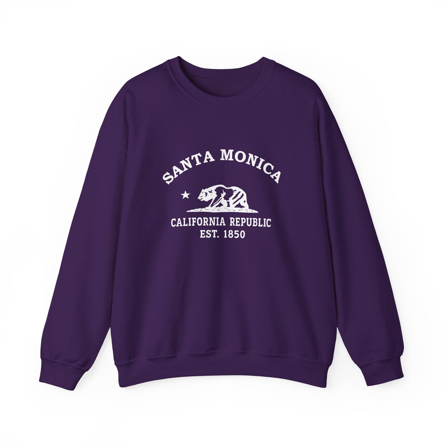 Santa Monica California Vintage Style Unisex Heavy Crewneck Sweatshirt - White Retro Bear Logo, Purple