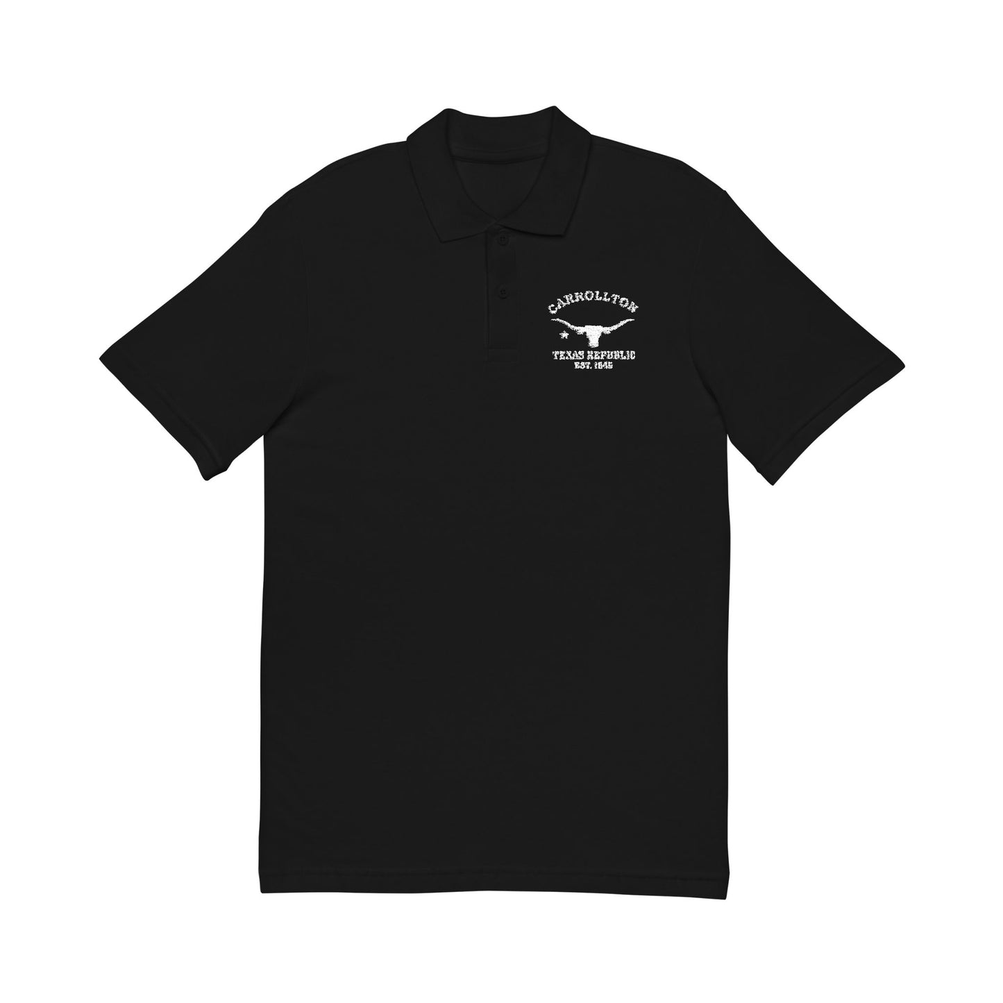 Carrollton Texas Vintage Style Unisex Embroidered Cotton Polo - White Retro Longhorn Logo, Black