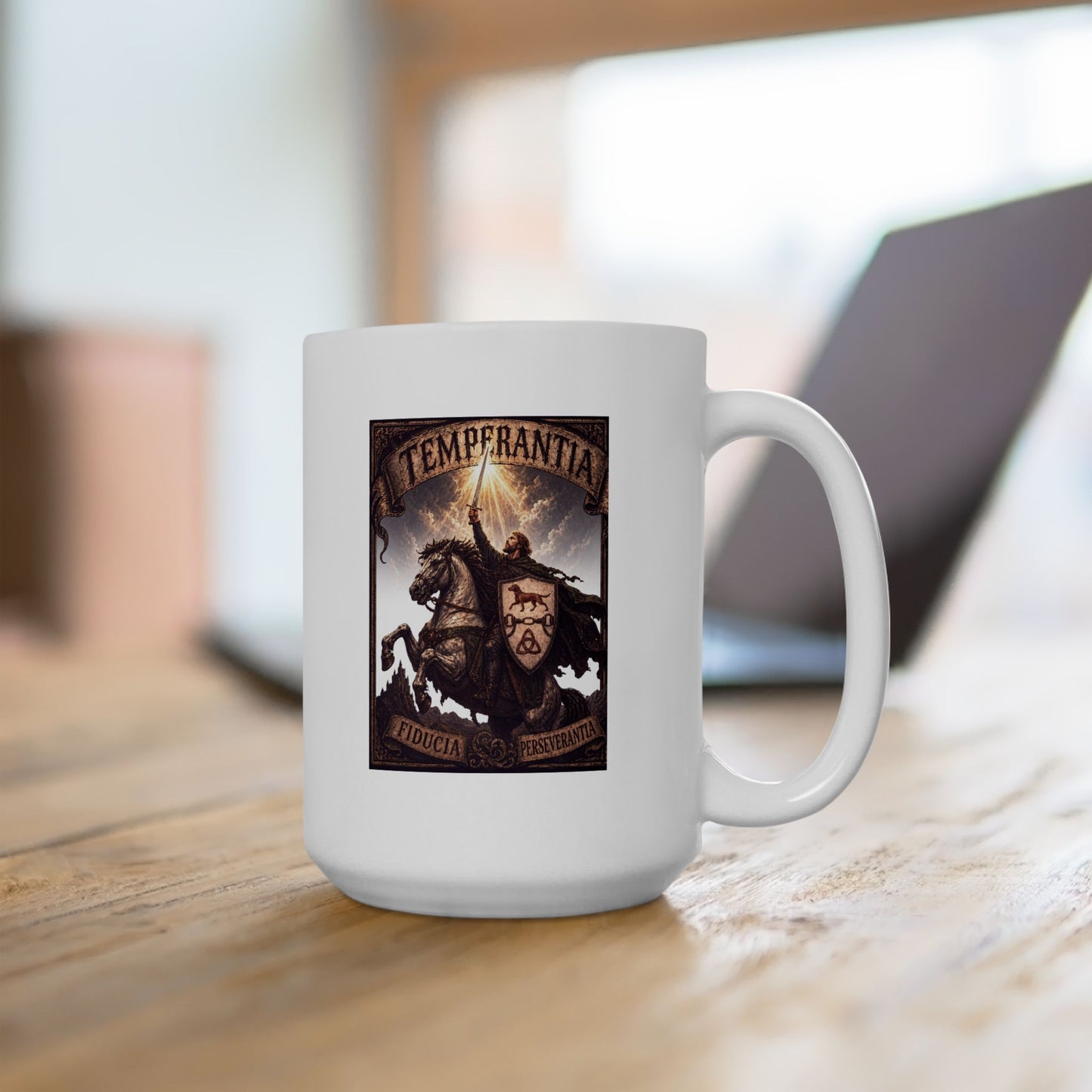 №108 Knight Crest Ceramic Mug · Live Your Best Knight · Temperantia Fiducia Perseverantia