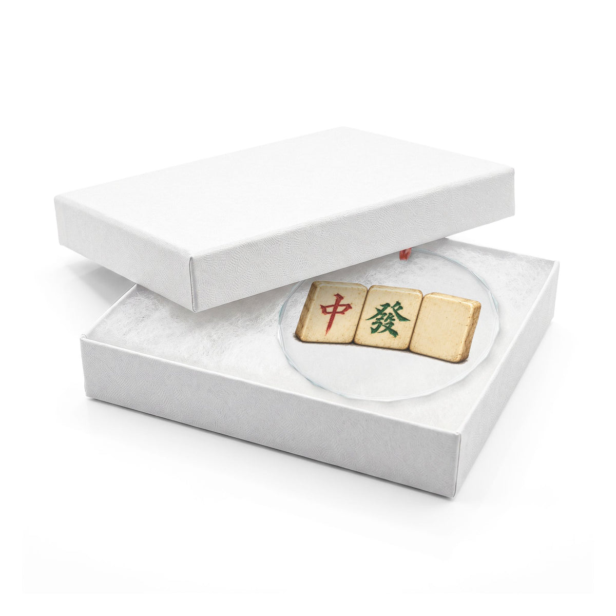 Mahjong Three Honors Crystal Christmas Ornament Held in Hand, Red Green and Blank White Dragon Tiles on Aged Bone