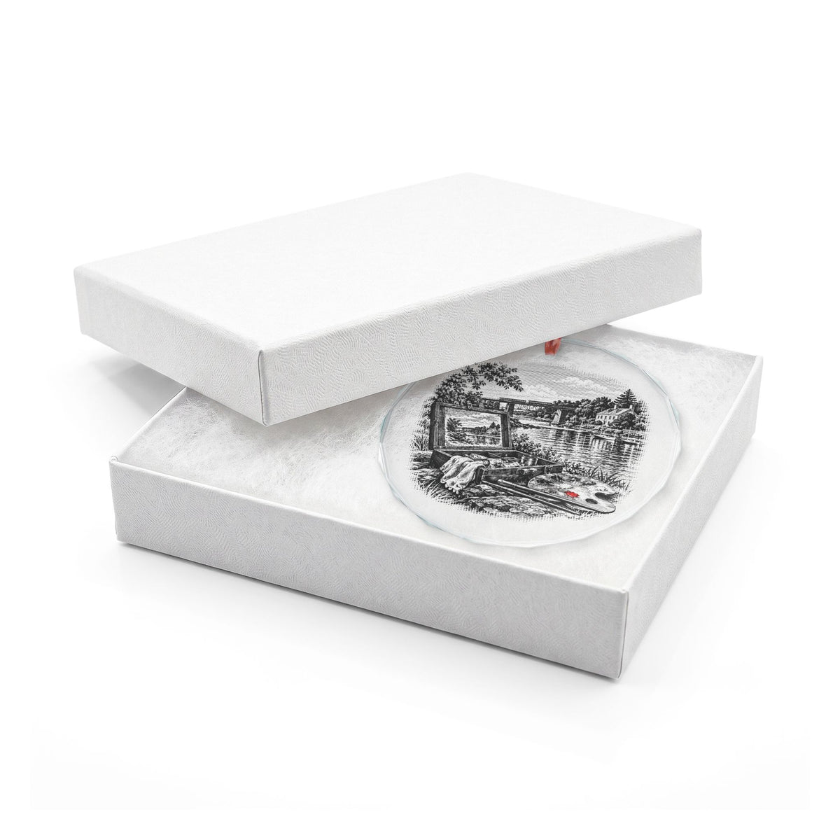 Cos Cob Connecticut Holiday Ornament, Art Colony Paint Box, Crystal Glass Ornament in White Gift Box