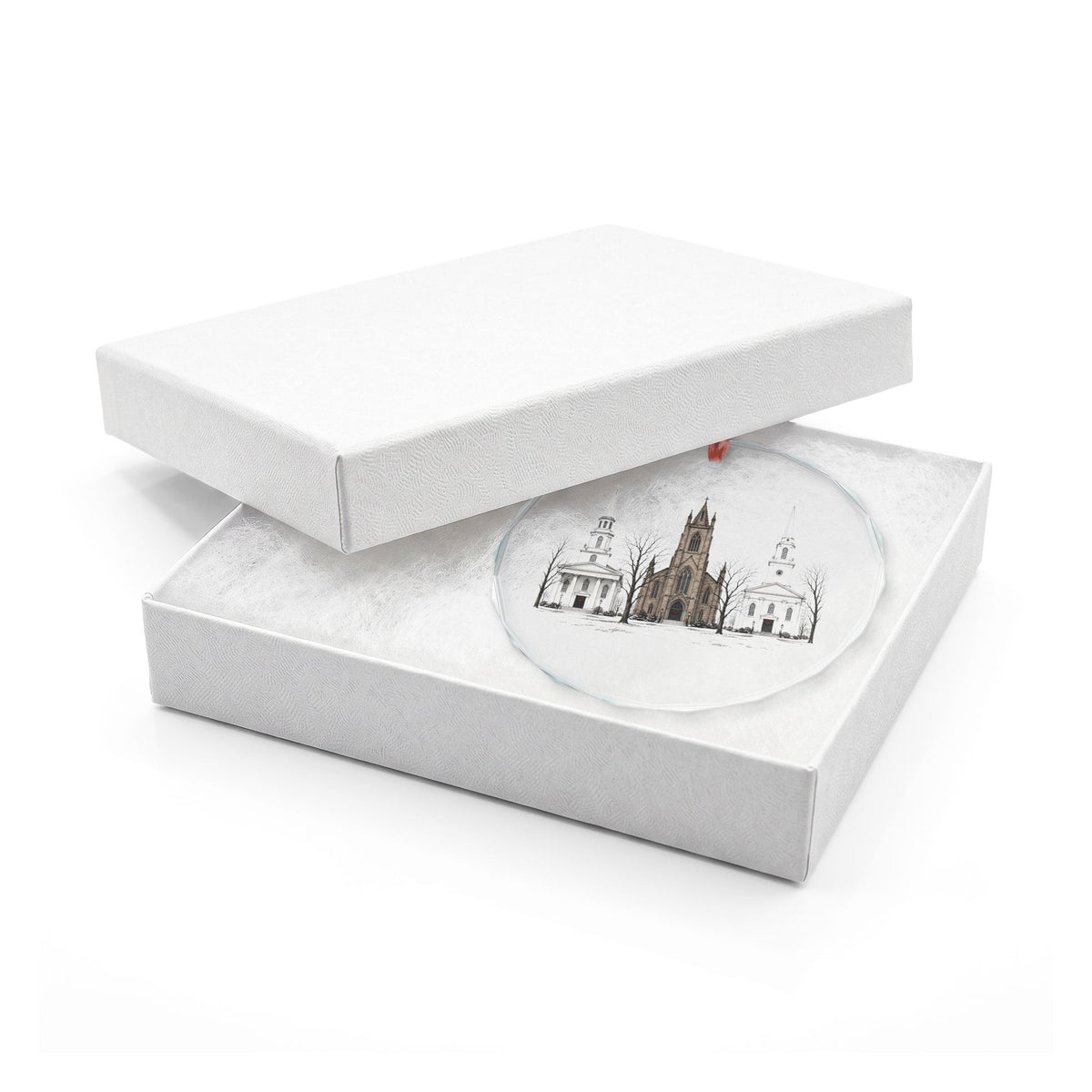 New Haven, Connecticut Holiday Ornament — Three Steeples, One Green, Since 1638 — close-up detail of the printed art on crystal glass