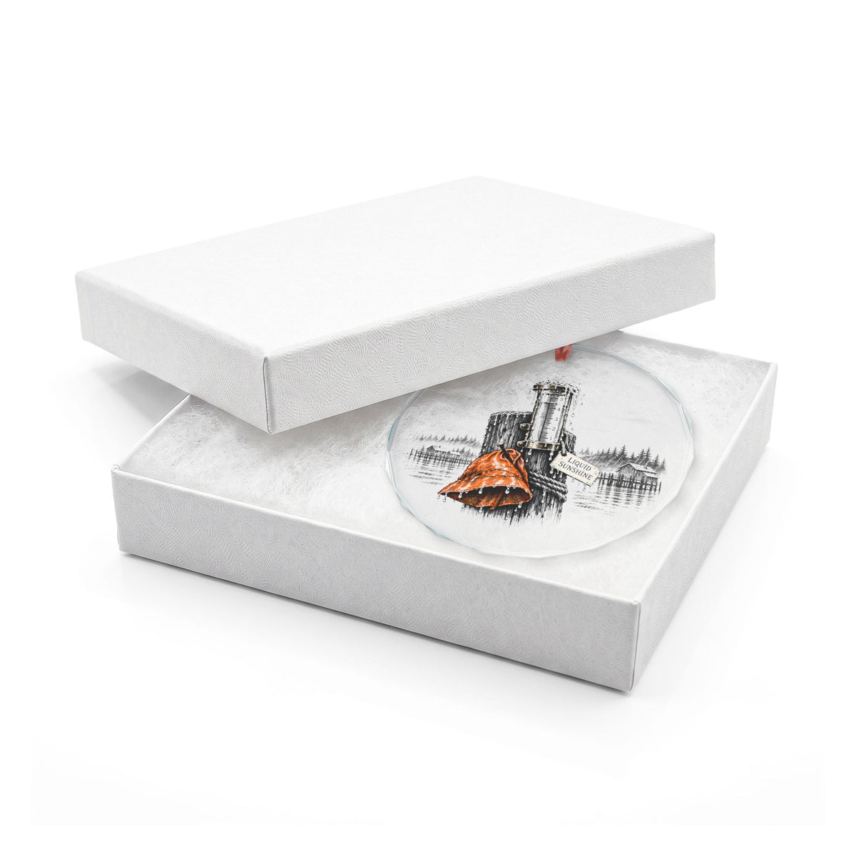 Ketchikan Alaska Holiday Ornament, Liquid Sunshine Rain Gauge, Crystal Glass Ornament in White Gift Box
