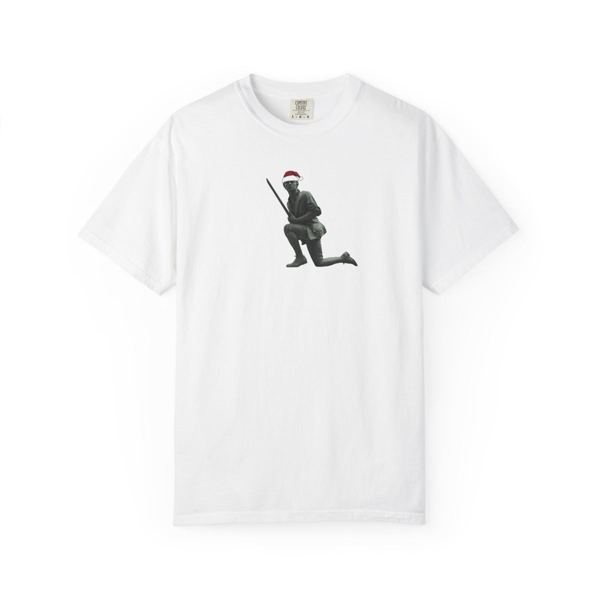 White minimalist minuteman graphic tee — one small kneeling colonial soldier chest print in a Santa hat, no text, a quiet Revolutionary War shirt