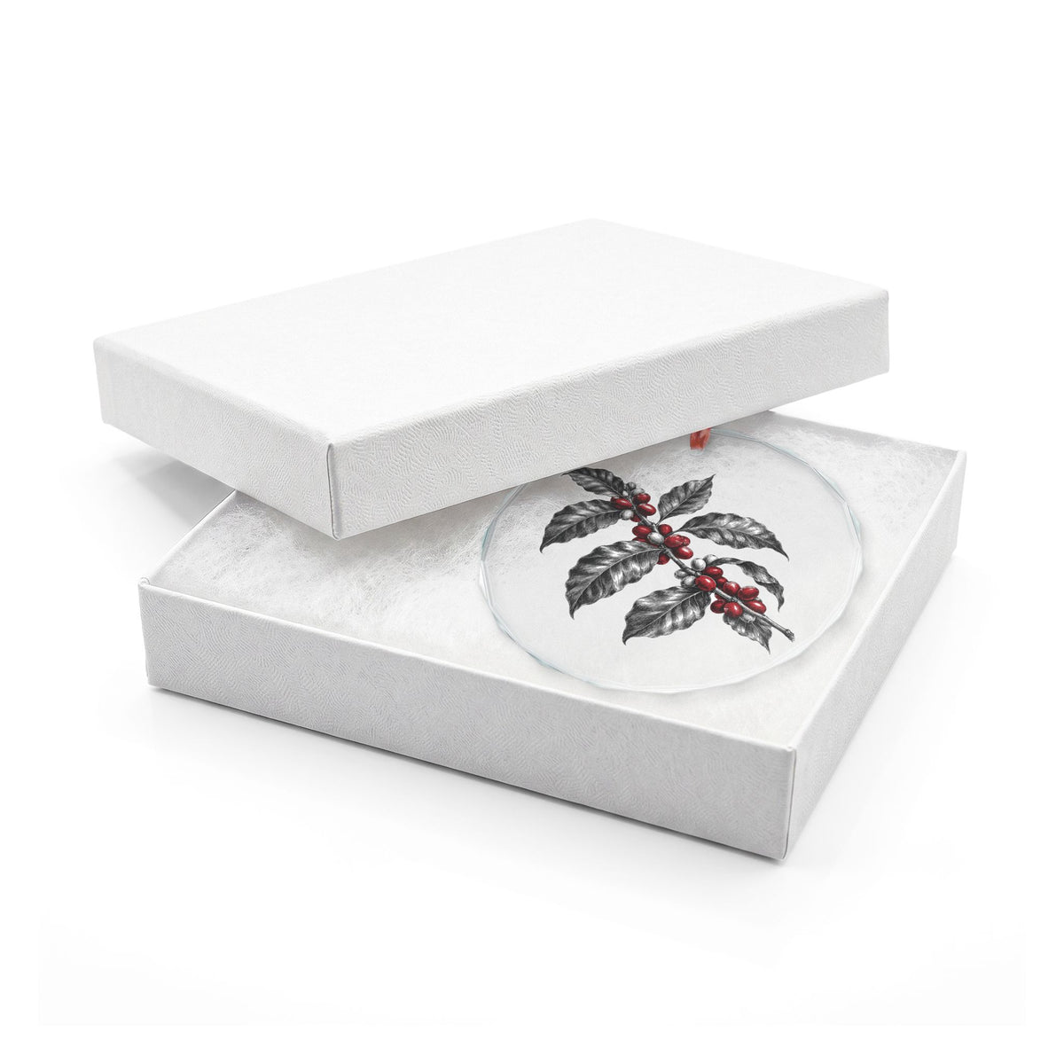 Kona Hawaii Crystal Christmas Ornament in White Gift Box, Coffee Branch with Ripe Red Cherries