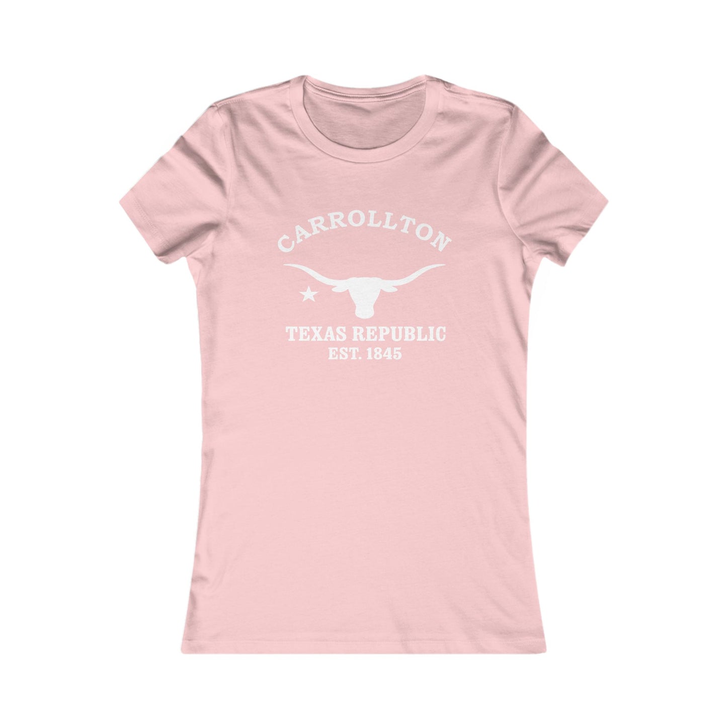 Carrollton Texas Vintage Style Womens Fitted Ringspun Cotton Tee - White Retro Longhorn Logo, Pink