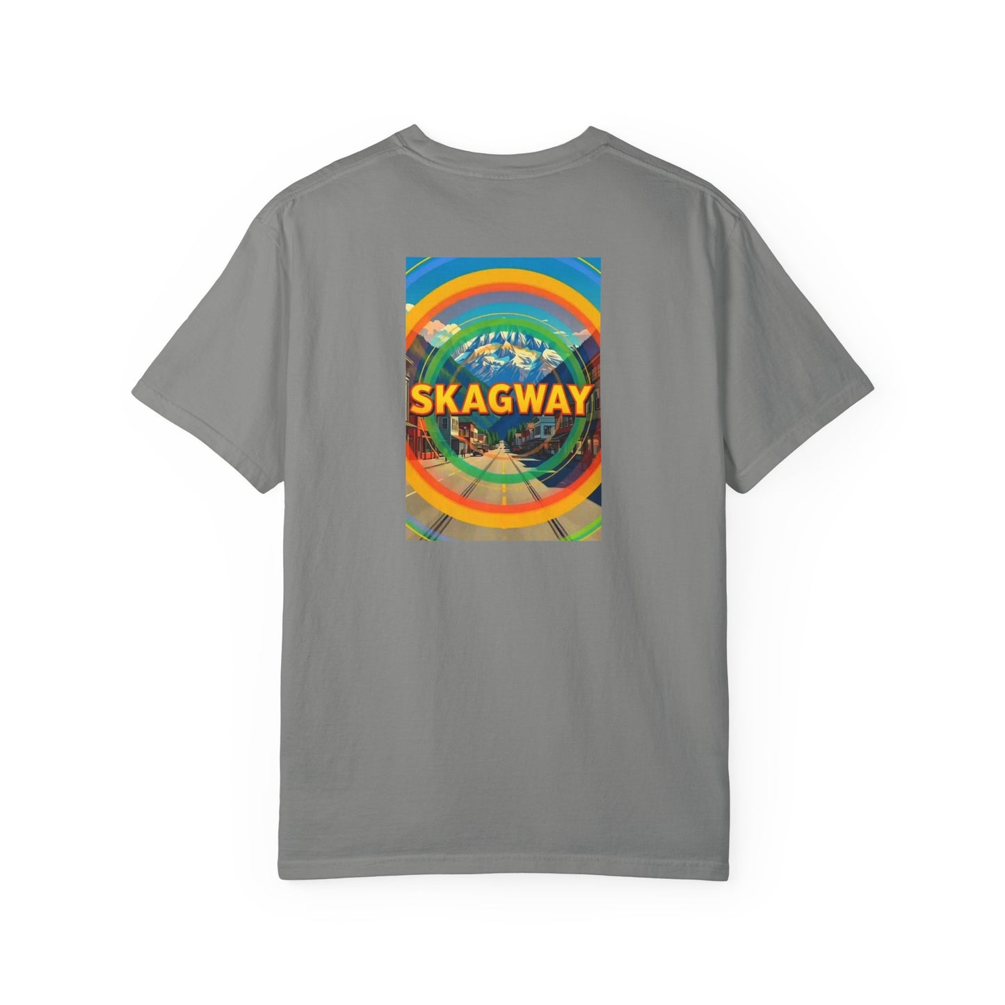 Skagway Alaska Vintage Style Back Printed Art Series Cotton Tee - Black Retro Bear Logo - Rear Art View 13