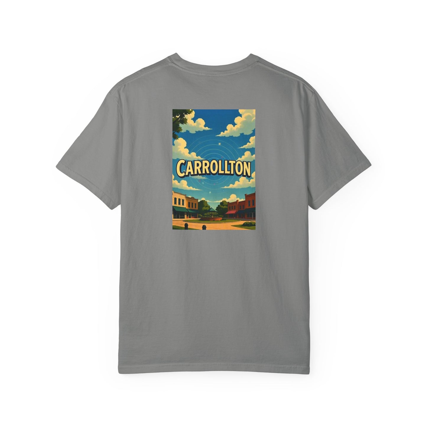 Carrollton Texas Vintage Style Back Printed Art Series Cotton Tee - Black Retro Longhorn Logo - Rear Art View 13