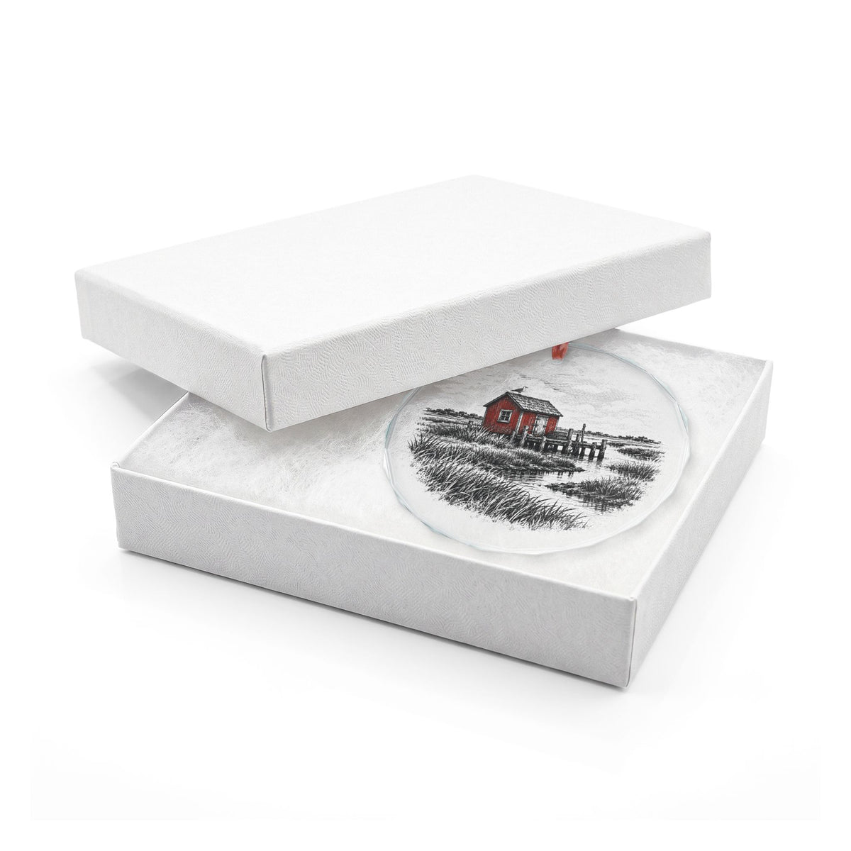 Guilford Connecticut Holiday Ornament, Red Shack on Grass Island, Crystal Glass Ornament in White Gift Box