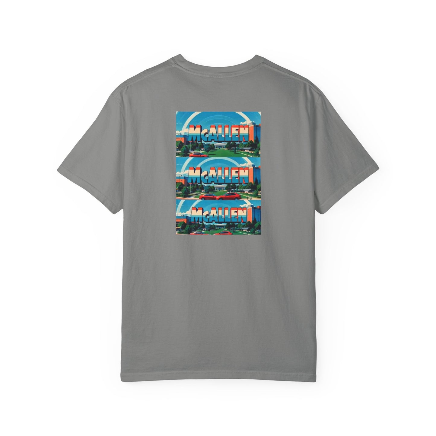 McAllen Texas Vintage Style Back Printed Art Series Cotton Tee - Black Retro Longhorn Logo - Rear Art View 13