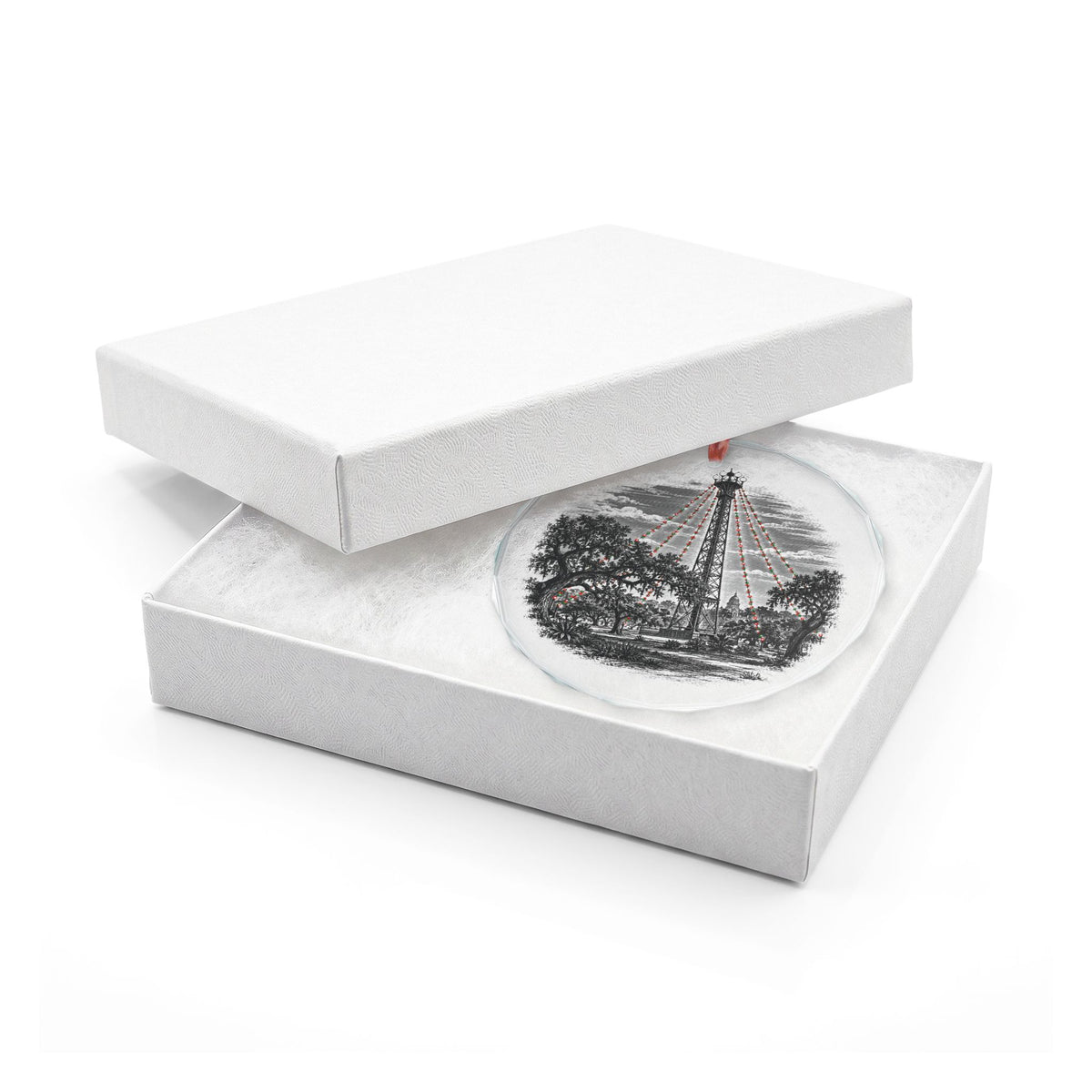 Austin Texas Holiday Ornament, Moonlight Tower, Crystal Glass Ornament in White Gift Box