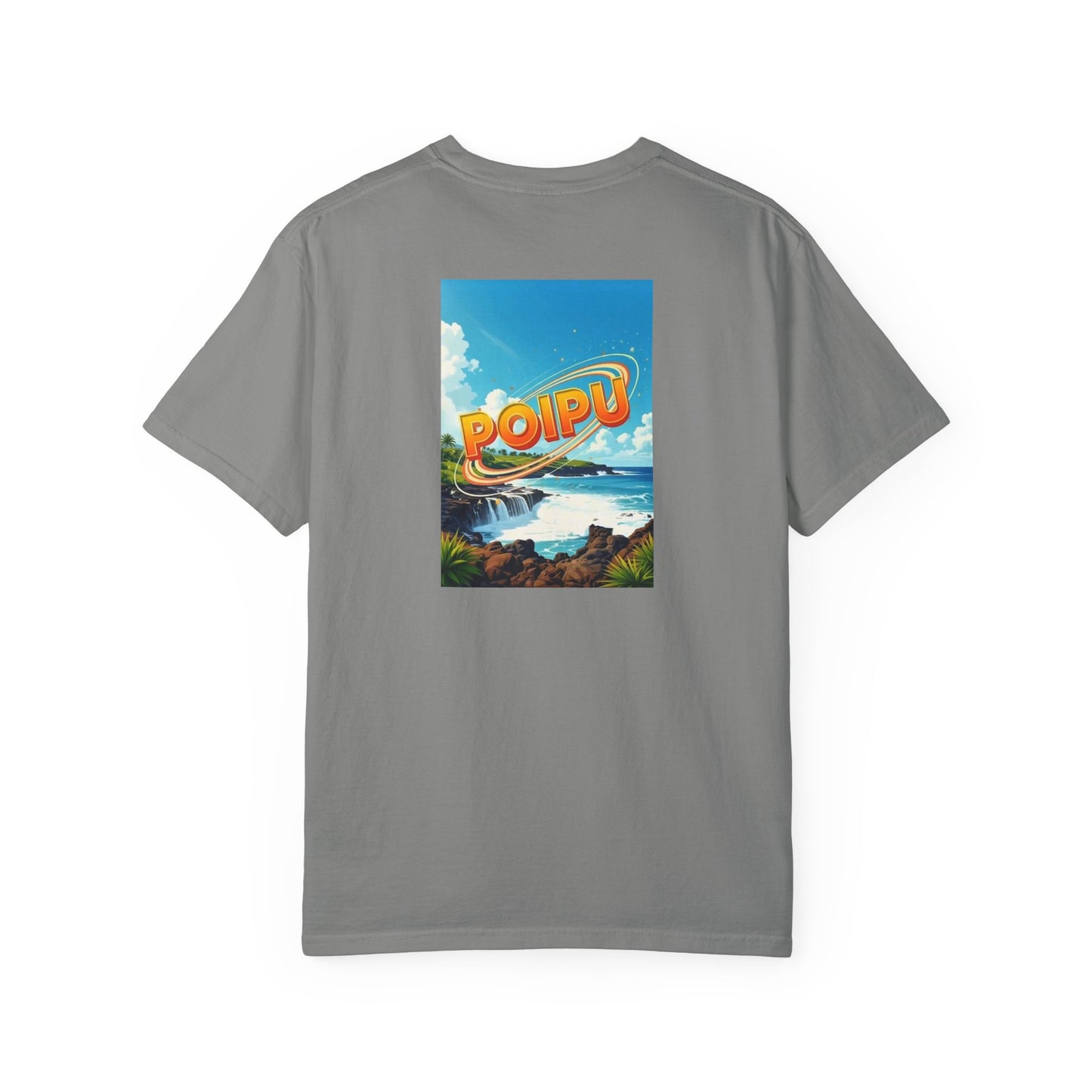 Poipu Hawaii Vintage Style Back Printed Art Series Cotton Tee - Black Retro Hibiscus Logo - Rear Art View 13