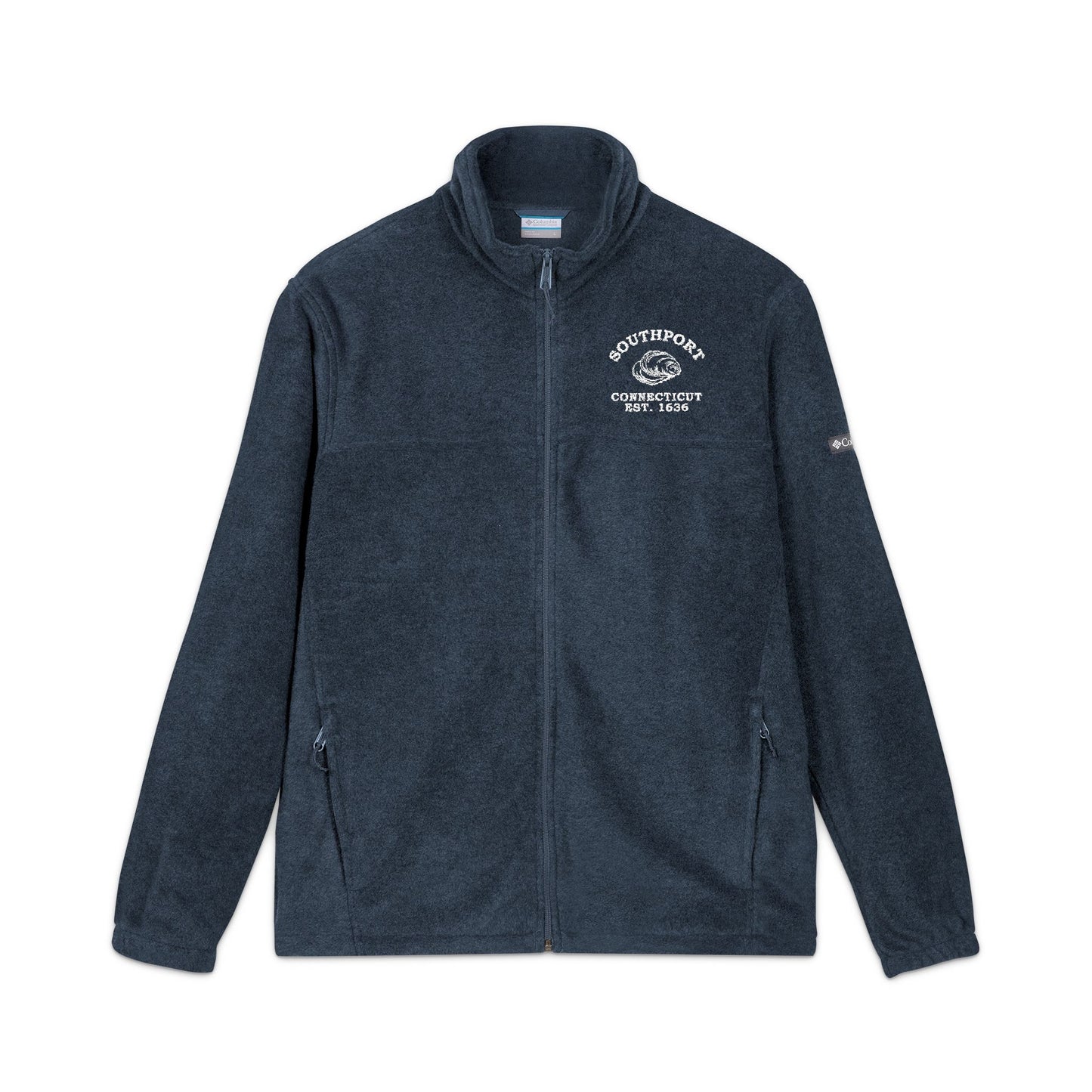 Southport Connecticut Vintage Style Unisex Embroidered Fleece Jacket - White Retro Oyster Logo, Collegiate Navy