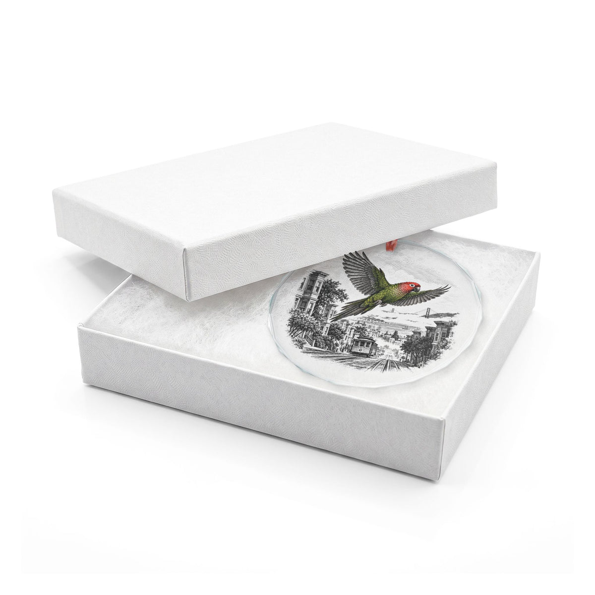 San Francisco California Holiday Ornament, Wild Parrot, Crystal Glass Ornament in White Gift Box