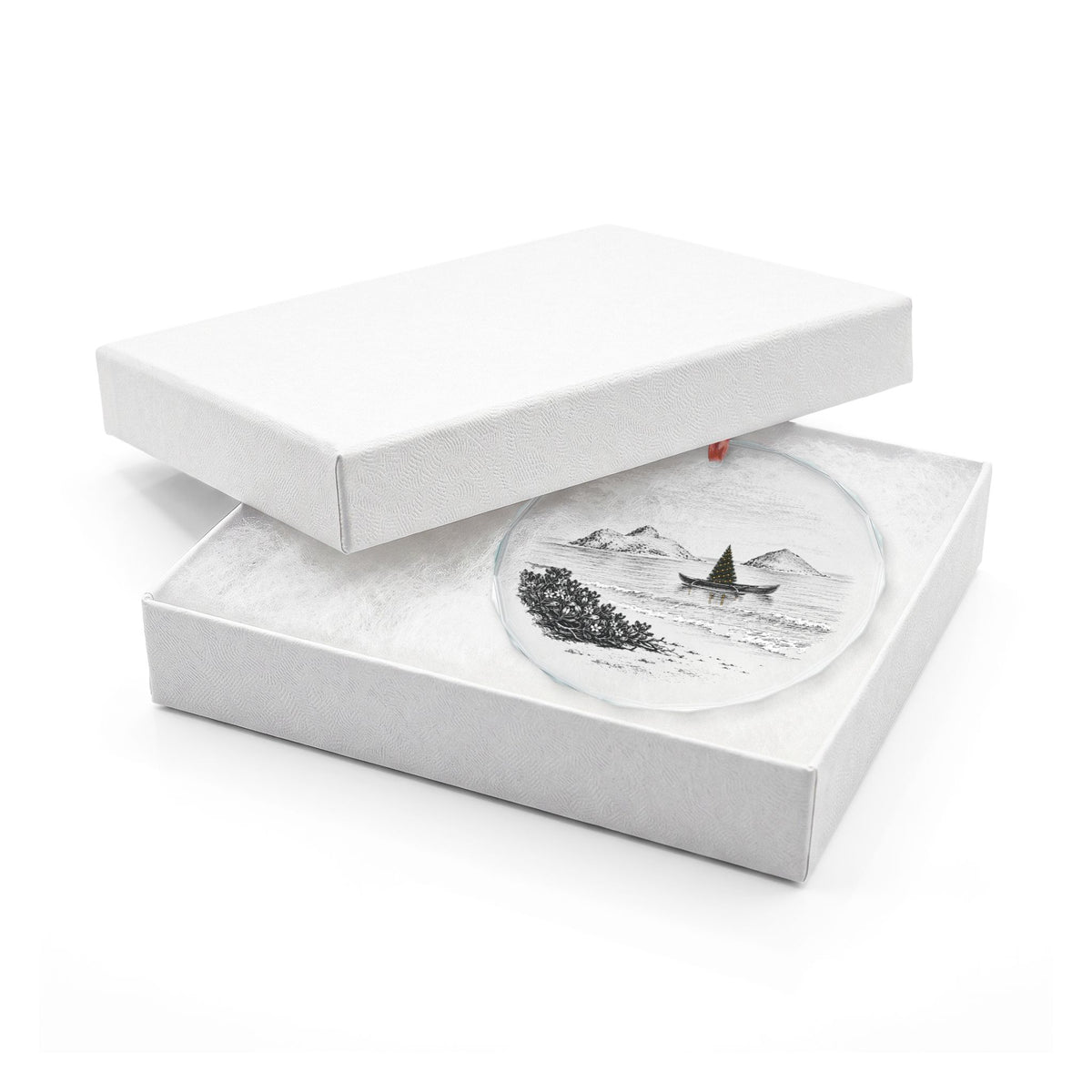 Kailua Hawaii Crystal Christmas Ornament in White Gift Box, Mokulua Islands and a Christmas Tree in an Outrigger Canoe