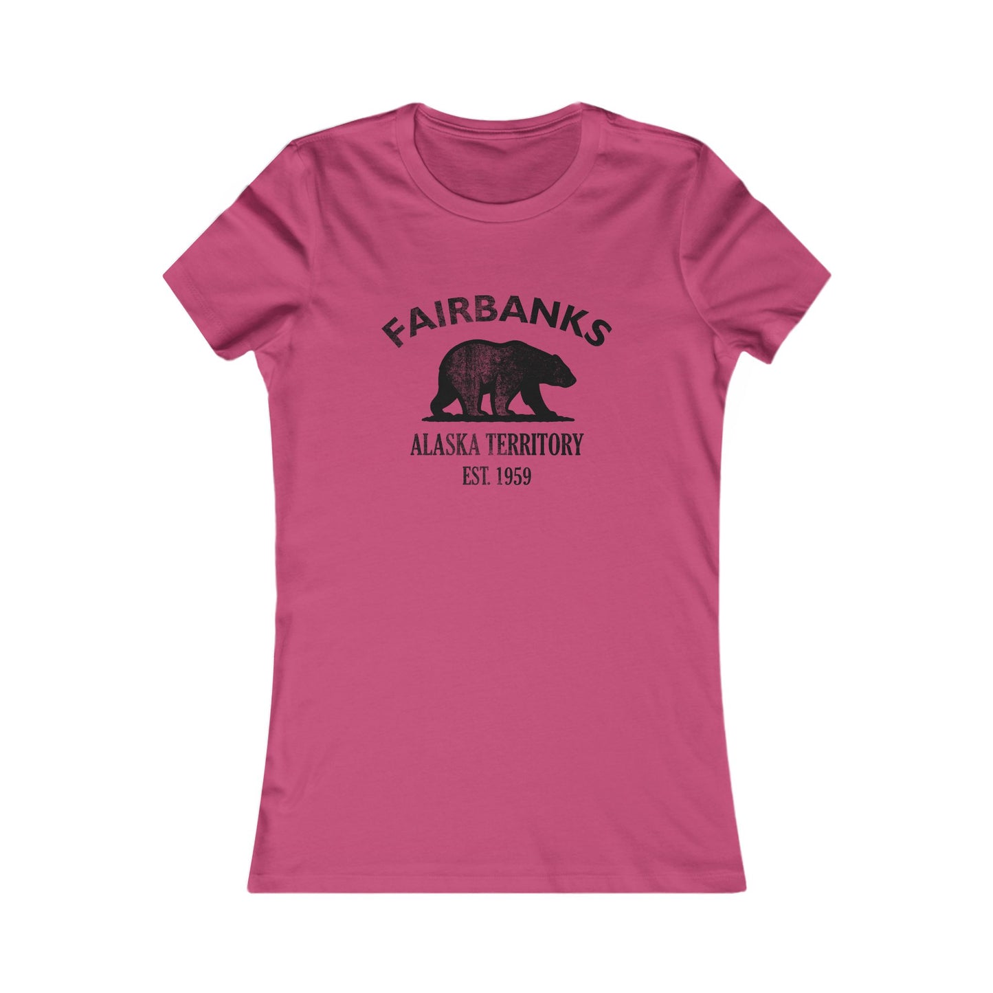 Fairbanks Alaska Vintage Style Womens Fitted Ringspun Cotton Tee - Black Retro Bear Logo, Berry