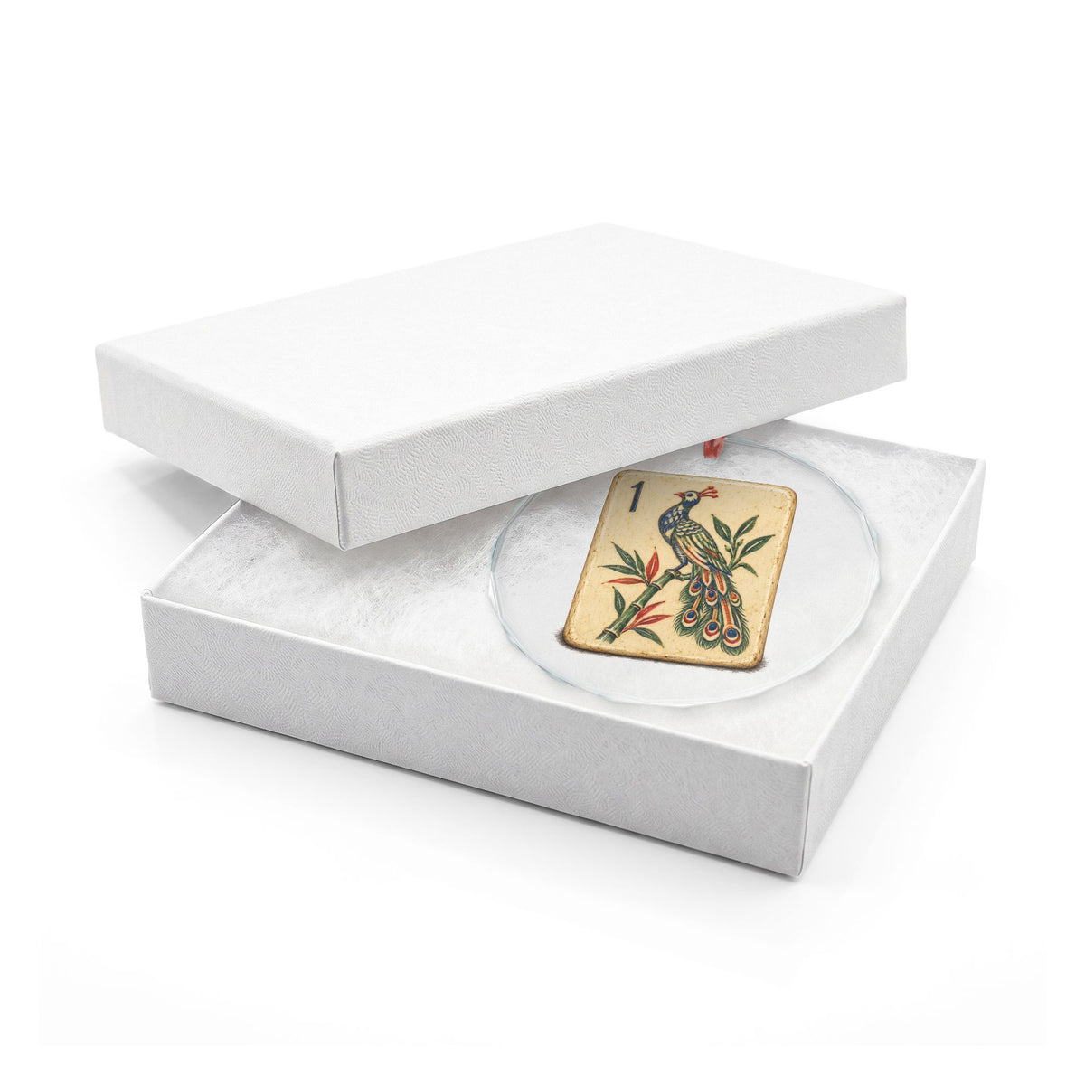 Mahjong Sparrow Tile Crystal Christmas Ornament Held in Hand, One Bamboo Peacock Tile in the Style of an Antique Bone Set