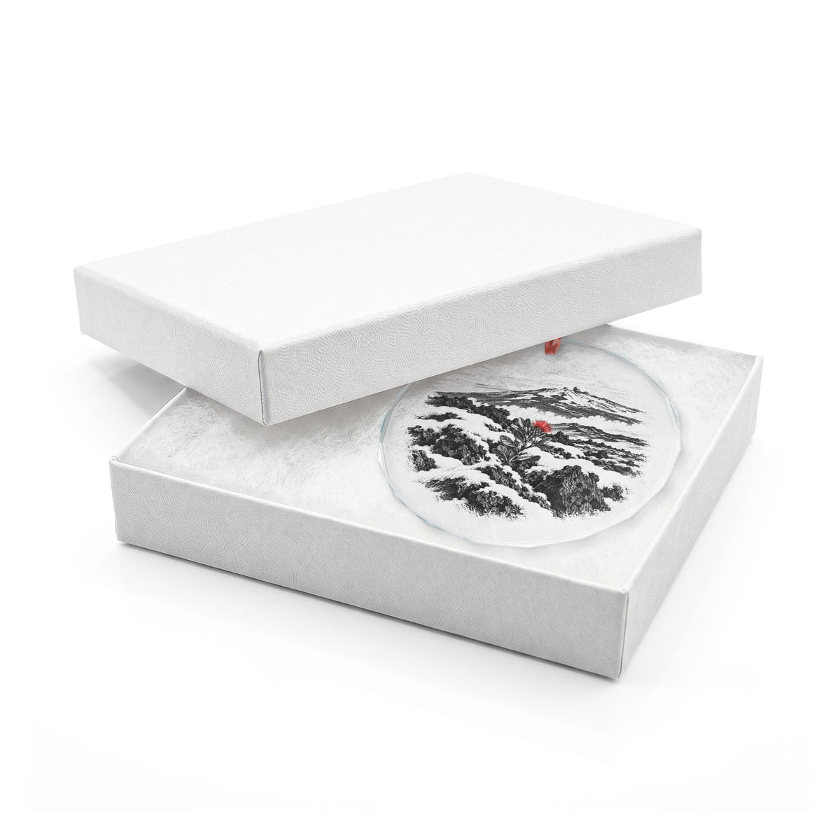 Big Island Hawaii Holiday Ornament, Snow on Black Lava, Crystal Glass Ornament in White Gift Box