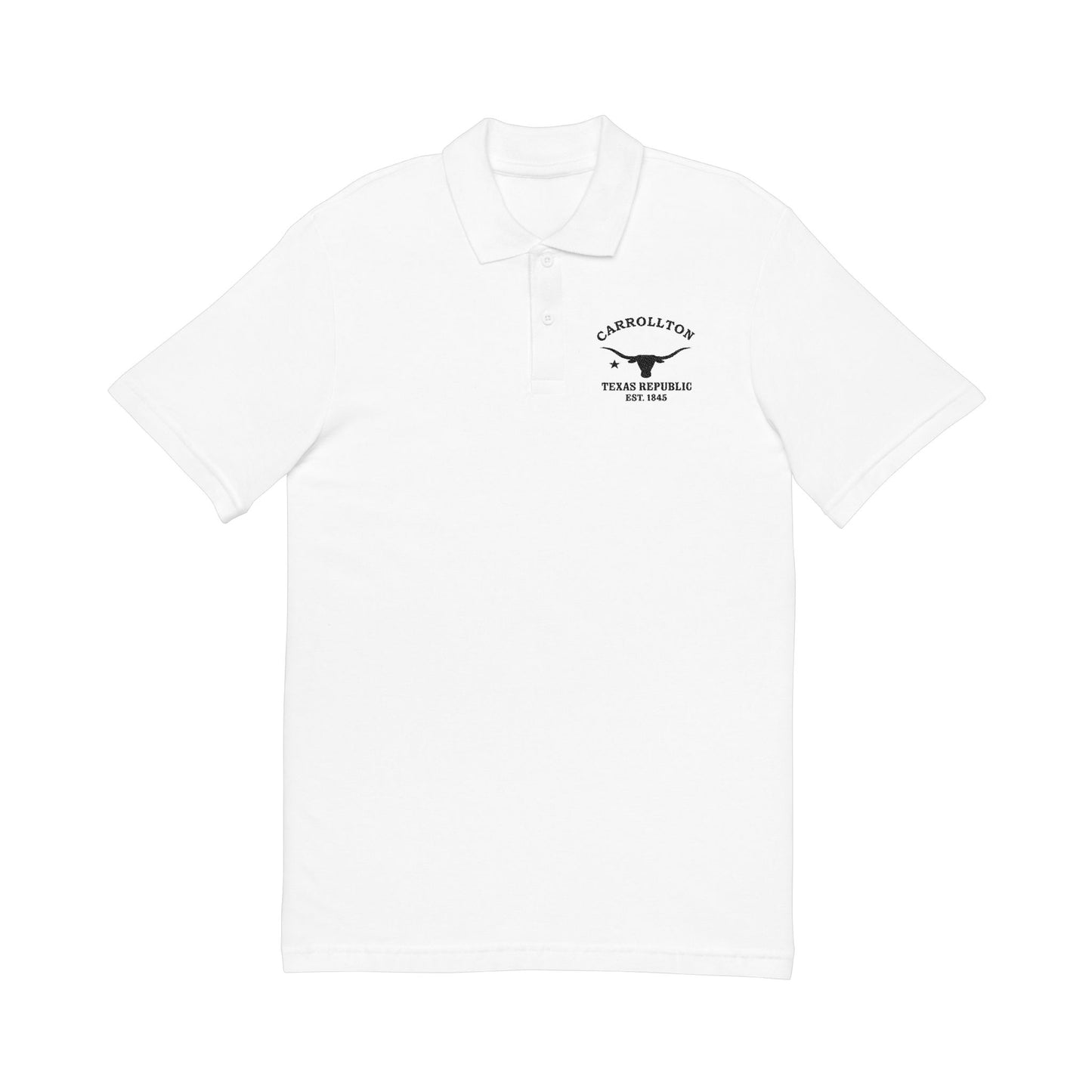 Carrollton Texas Vintage Style Unisex Embroidered Cotton Polo - Black Retro Longhorn Logo, White