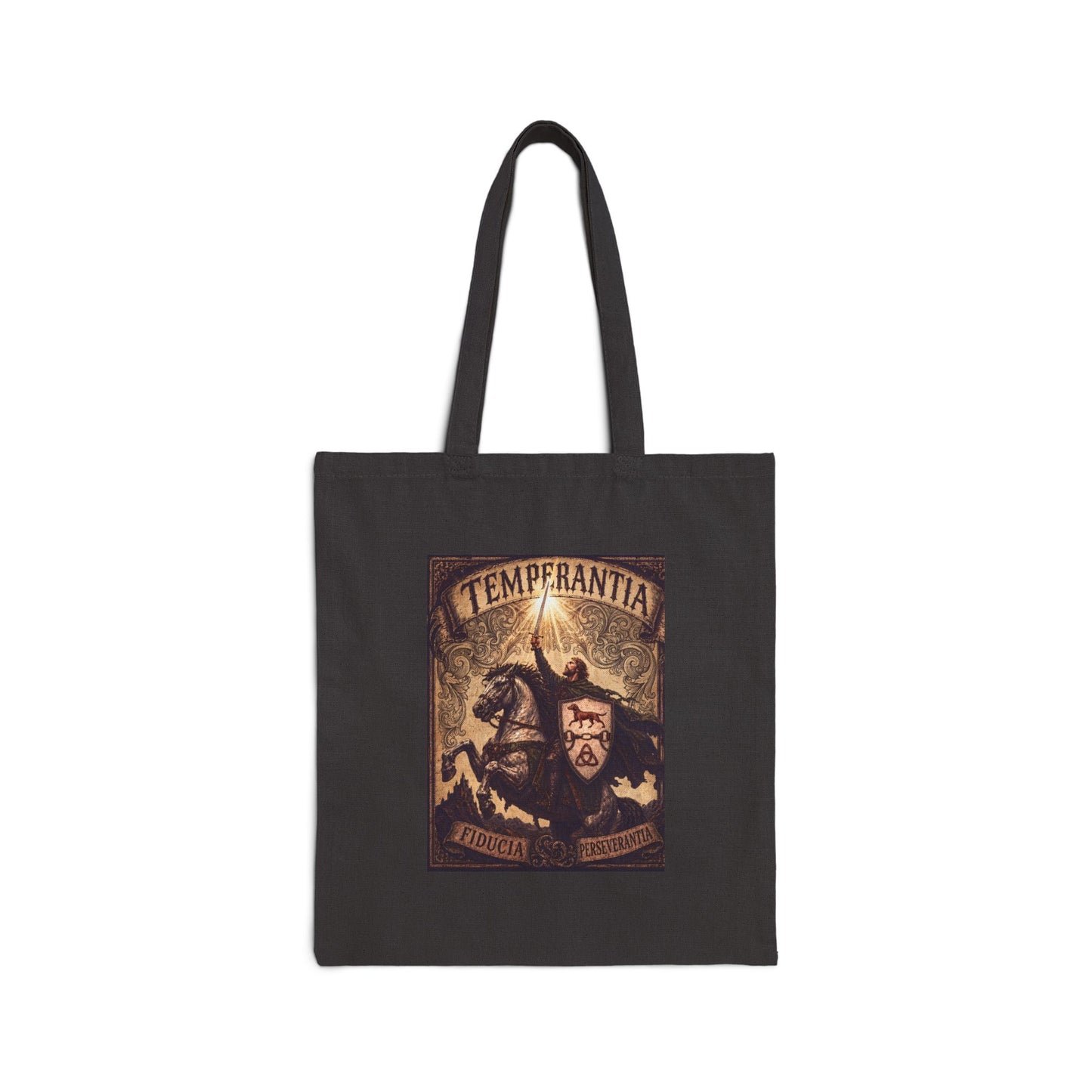 №108 Knight Crest Canvas Tote Bag · Live Your Best Knight · Temperantia Fiducia Perseverantia
