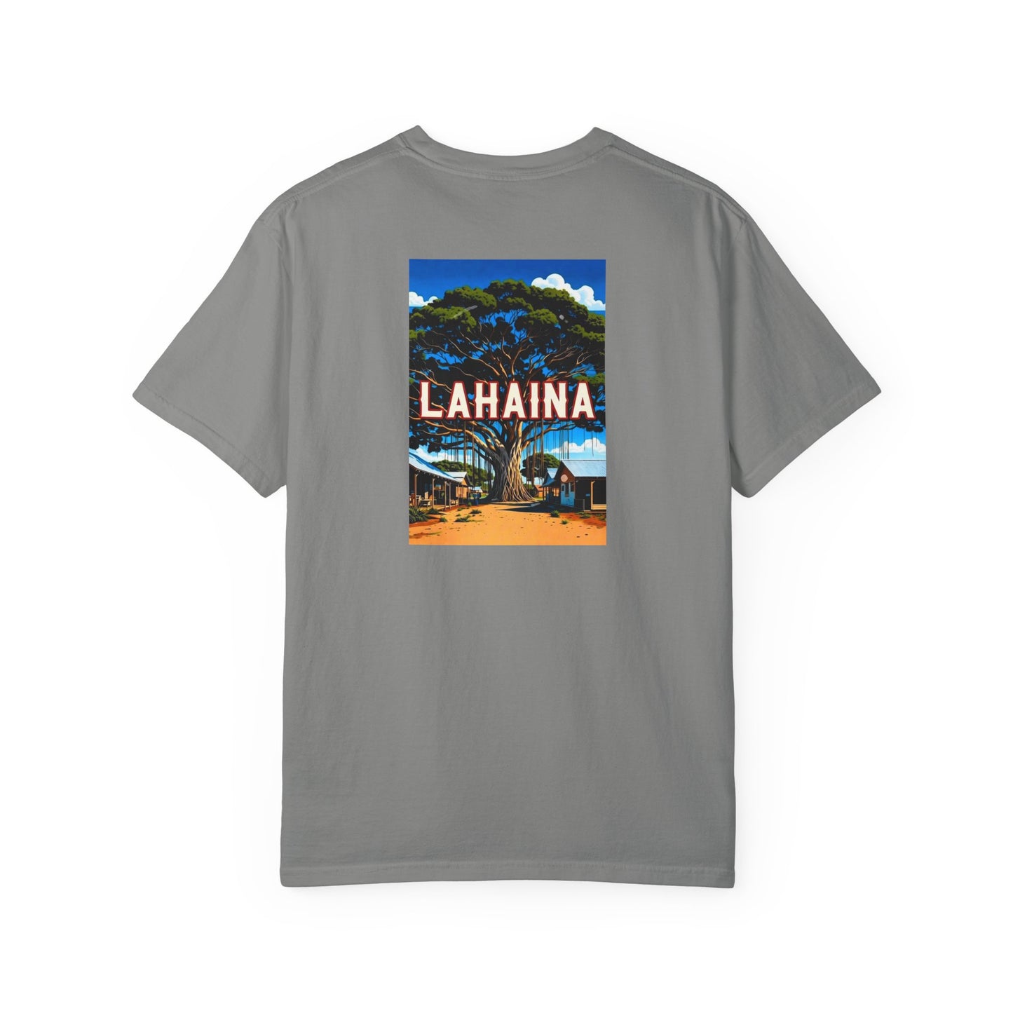 Lahaina Hawaii Vintage Style Back Printed Art Series Cotton Tee - Black Retro Hibiscus Logo - Rear Art View 13