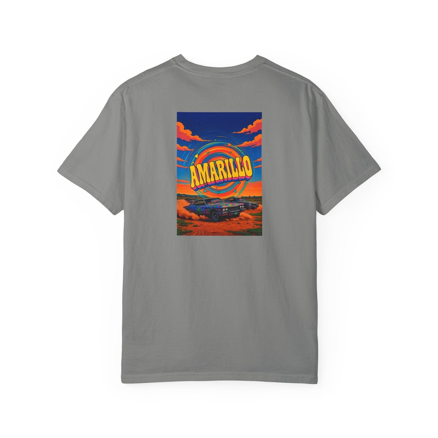 Amarillo Texas Vintage Style Back Printed Art Series Cotton Tee - Black Retro Longhorn Logo - Rear Art View 13