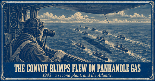 Blueprint Engraving of a Navy Blimp Observer With Binoculars Watching an Atlantic Convoy From the Gondola, Captioned the Convoy Blimps Flew on Panhandle Gas, Amarillo, Texas