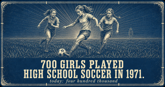 Blueprint illustration of three girls chasing a soccer ball across an open field, over the line: 700 girls played high school soccer in 1971 - today, four hundred thousand