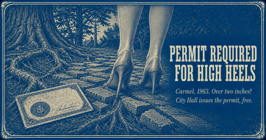 Stiletto heels catching in a root-buckled brick lane beside a signed City Hall high-heel permit, Carmel-by-the-Sea, California