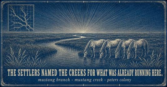 Blueprint illustration of wild horses drinking from a winding creek on open prairie at sunrise — headline 'The settlers named the creeks for what was already running here. Mustang Branch, Mustang Creek, Peters Colony.'