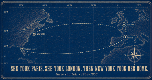 Blueprint map of the North Atlantic tracing Althea Gibson's 1956–1958 route from Tallahassee to Paris, London, and New York — headline 'She took Paris. She took London. Then New York took her home.