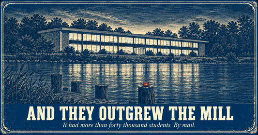 Blueprint Engraving of a Lit Two-Story Glass Office Building on the Saugatuck River at Dusk With the Line And They Outgrew the Mill, Westport, Connecticut