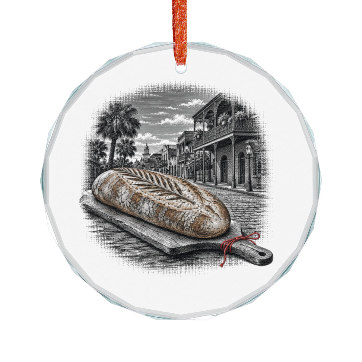 Tampa Florida Holiday Ornament, Cuban Bread, Crystal Glass Ornament Hanging on White