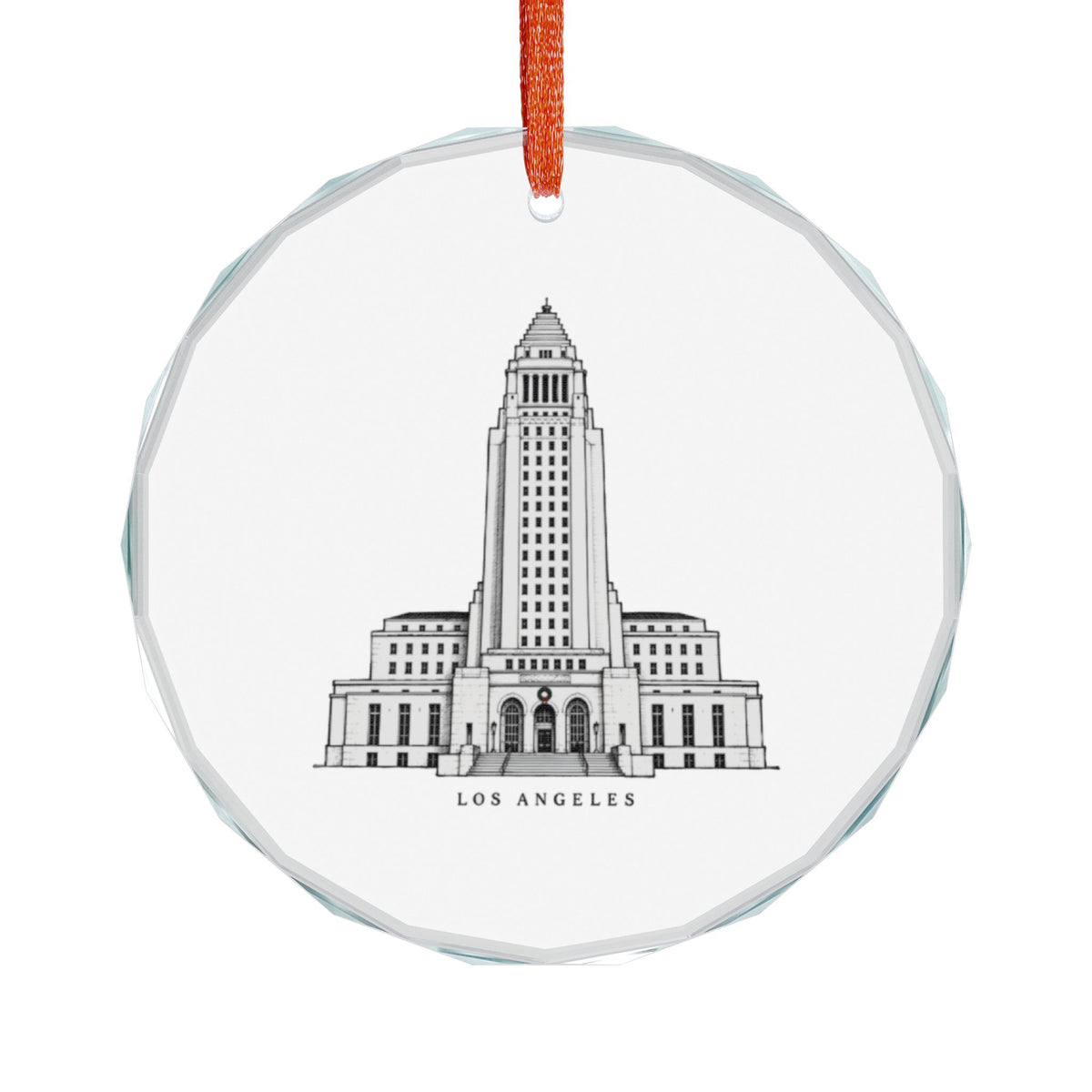Los Angeles, California Holiday Ornament — The Tower Nothing Was Allowed to Pass — front view: the 1928 tower drawn as a clean architectural elevation in fine black line: stepped ziggurat crown, tall shaft of windows, symmetrical colonnaded base and entry stair