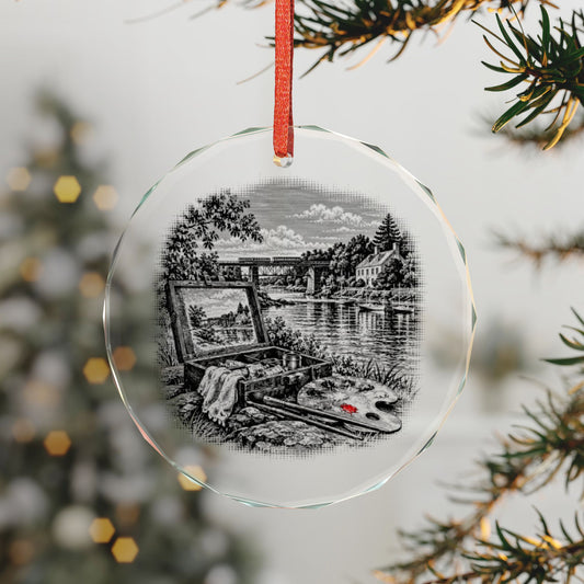 Cos Cob Connecticut Holiday Ornament, Art Colony Paint Box, Crystal Glass Ornament Hanging on a Christmas Tree