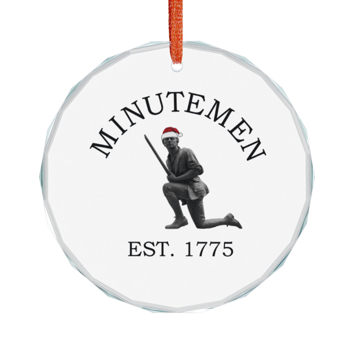 Minuteman crystal glass ornament, front — MINUTEMEN Est. 1775 kneeling statue on faceted crystal round
