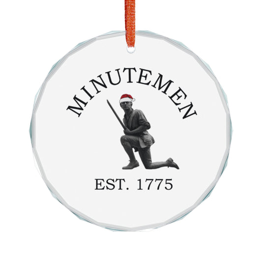 Minuteman crystal glass ornament, front — MINUTEMEN Est. 1775 kneeling statue on faceted crystal round