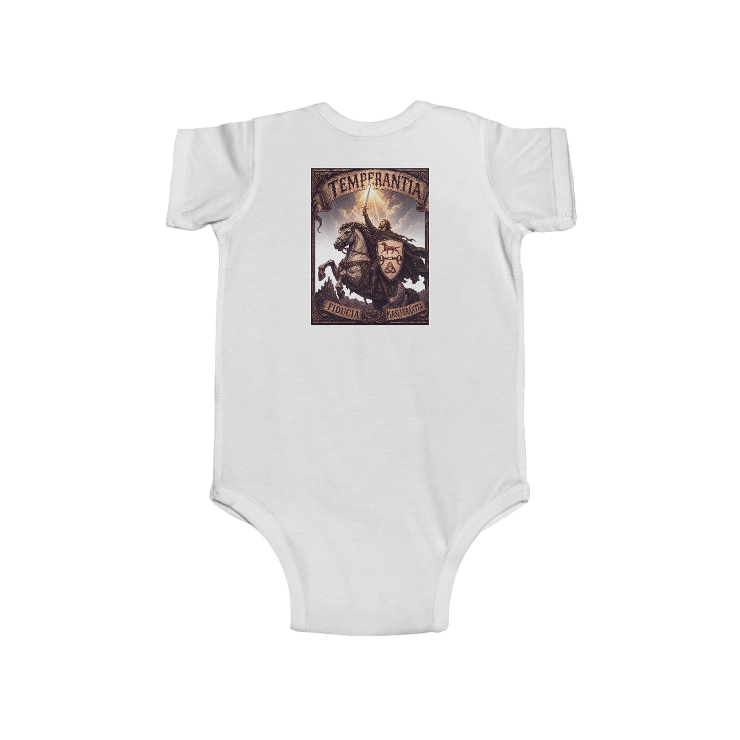 №108 Little Knight Baby Bodysuit · Live Your Best Knight · Temperantia Fiducia Perseverantia