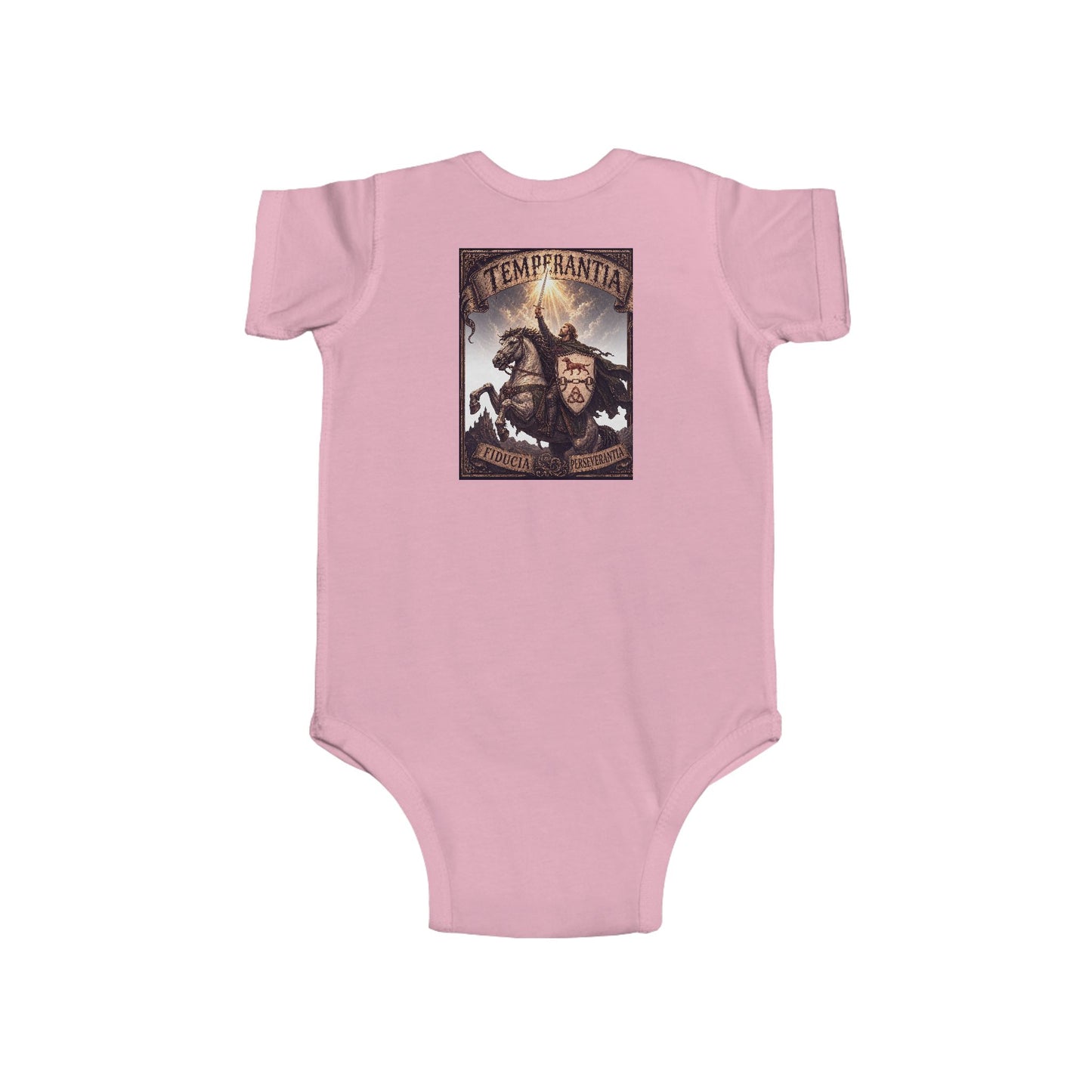 №108 Little Knight Baby Bodysuit · Live Your Best Knight · Temperantia Fiducia Perseverantia