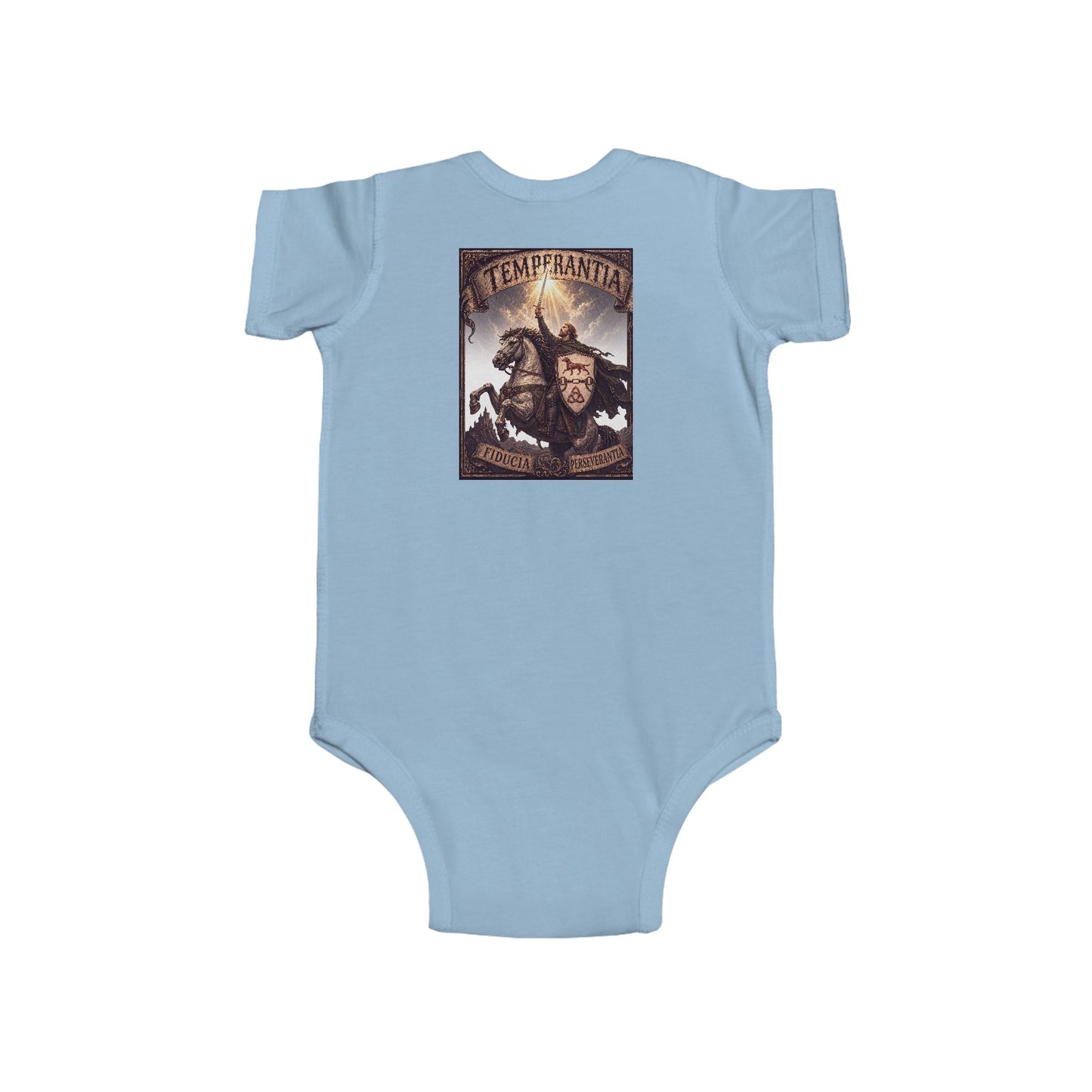 №108 Little Knight Baby Bodysuit · Live Your Best Knight · Temperantia Fiducia Perseverantia