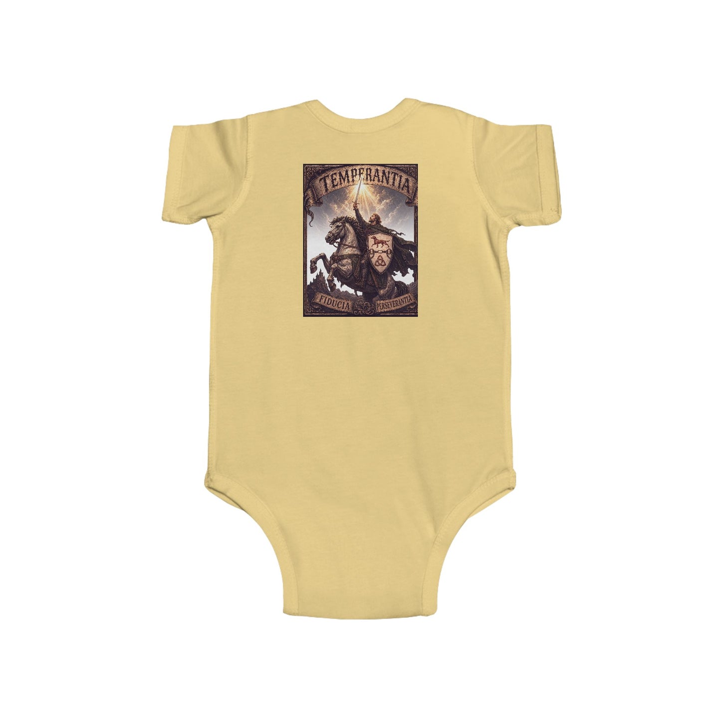 №108 Little Knight Baby Bodysuit · Live Your Best Knight · Temperantia Fiducia Perseverantia